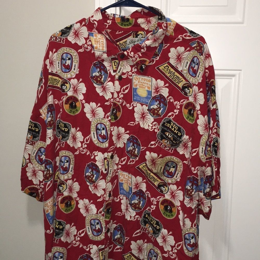 Bigs Dogs Red Hawaiian Beer Drinking Brand short sleeve party time Aloha shirt